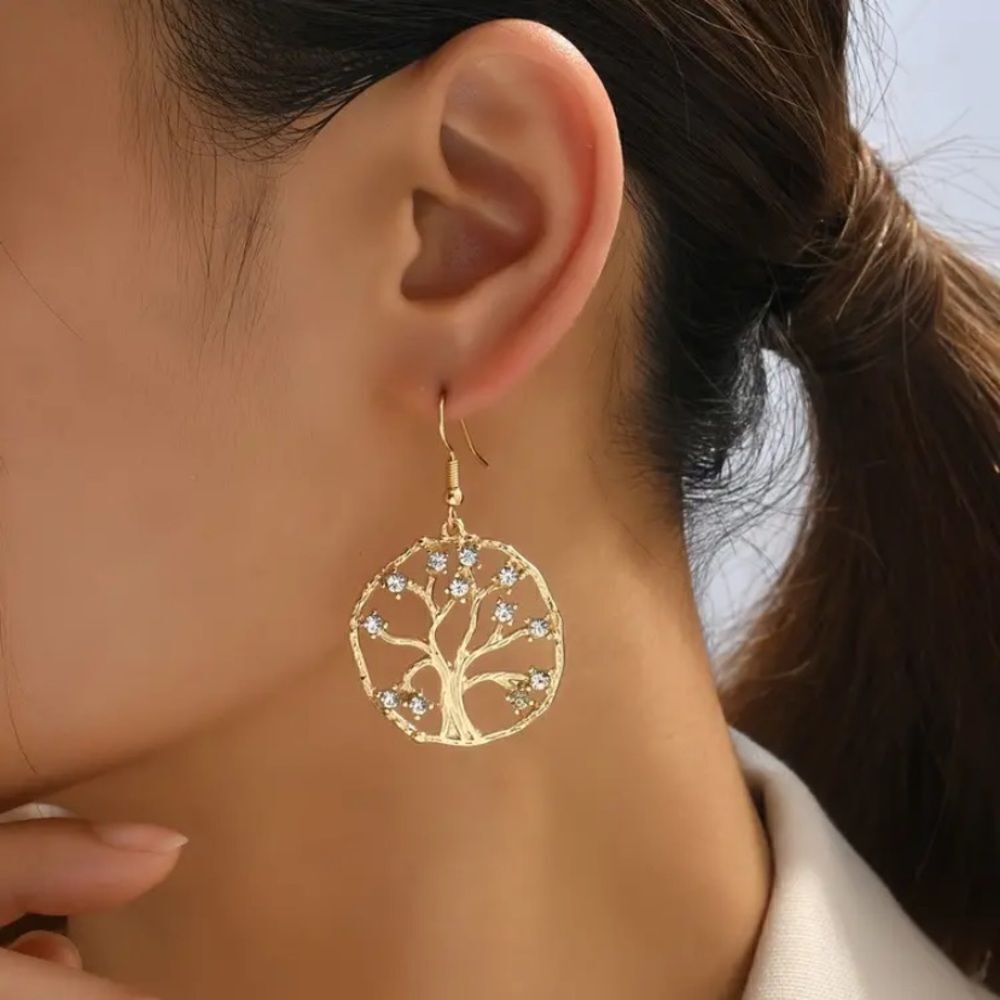 ✨🆕✨🔅 Tree Of Life Inlaid Simulated Zircon 18K Plated Drop Dangle Earrings 🔅✨